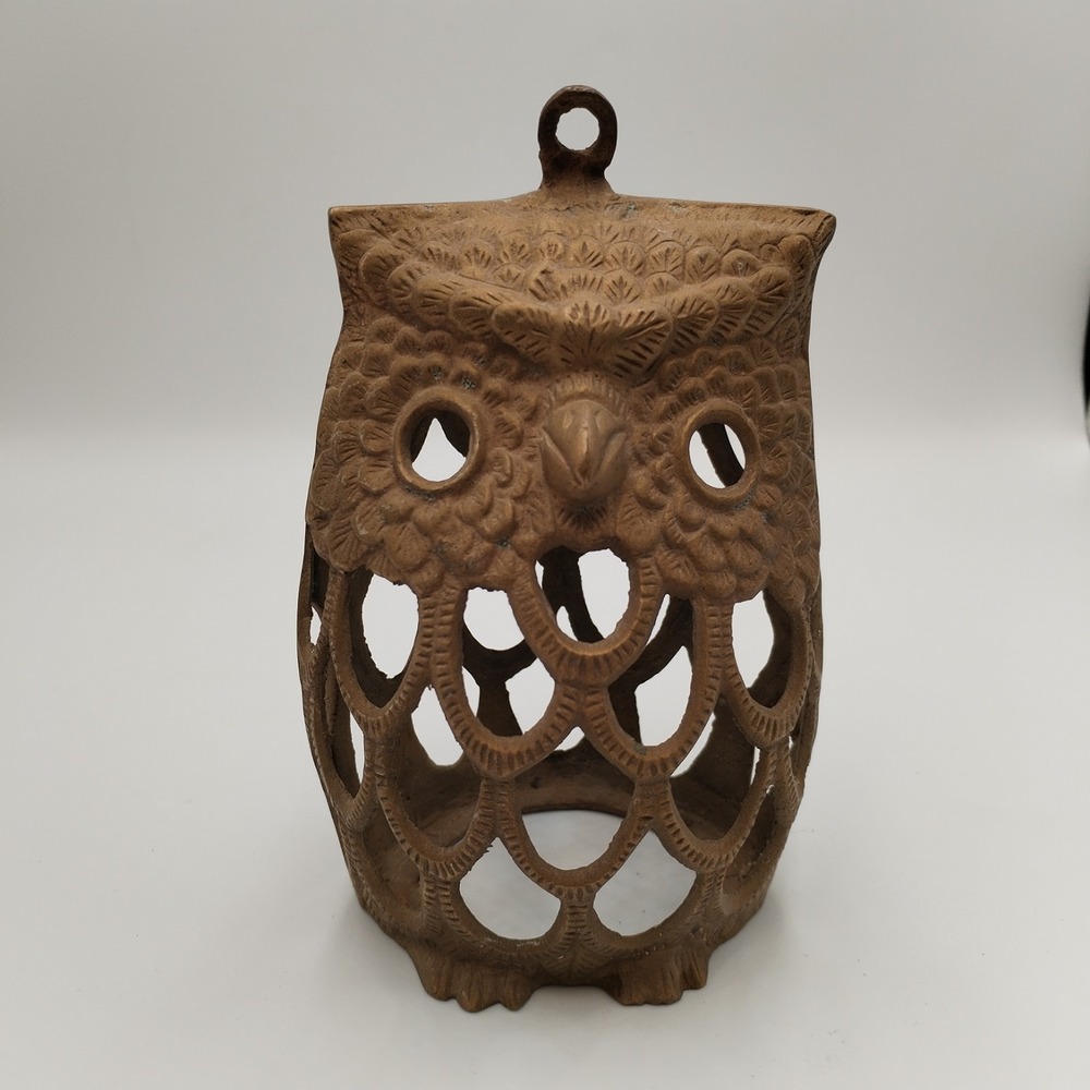 Vintage Solid Brass Owl Lantern Candle Holder Pierced Cutout Korea 70s
